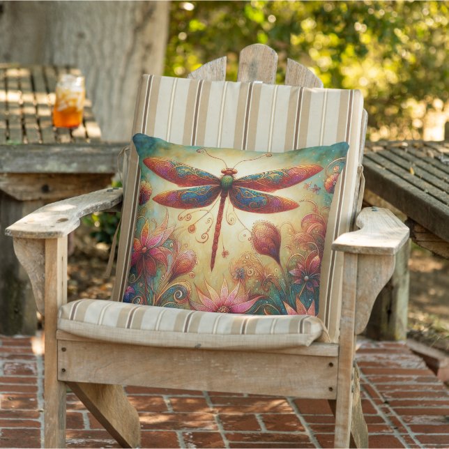 Whimsical Dragonfly Floral Abstract Art Teal Pink Outdoor Pillow (Chair)