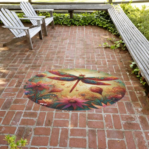 Whimsical Dragonfly Floral Abstract Art Teal Pink Outdoor Rug