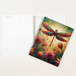 Whimsical Dragonfly Floral Abstract Art Teal Pink Planner
