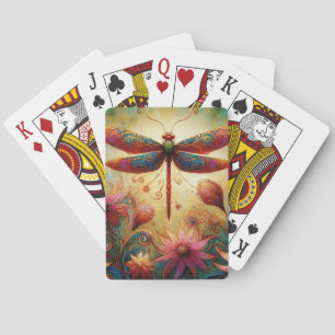 Whimsical Dragonfly Floral Abstract Art Teal Pink Poker Cards
