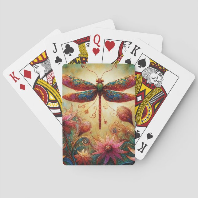 Whimsical Dragonfly Floral Abstract Art Teal Pink Poker Cards (Back)