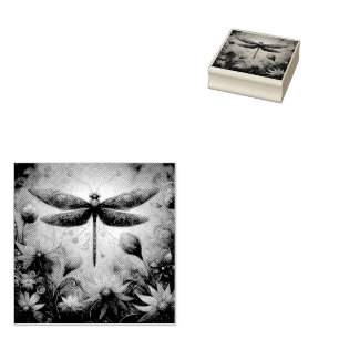 Whimsical Dragonfly Floral Abstract Art Teal Pink Rubber Stamp