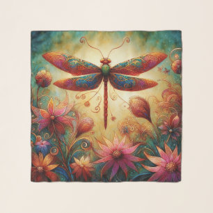 Whimsical Dragonfly Floral Abstract Art Teal Pink Scarf