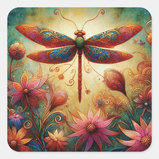 Whimsical Dragonfly Floral Abstract Art Teal Pink Square Sticker (Front)