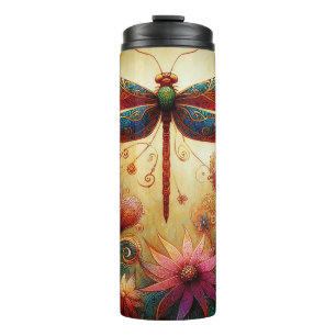 Whimsical Dragonfly Floral Abstract Art Teal Pink Thermal Tumbler