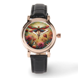 Whimsical Dragonfly Floral Abstract Art Teal Pink Watch