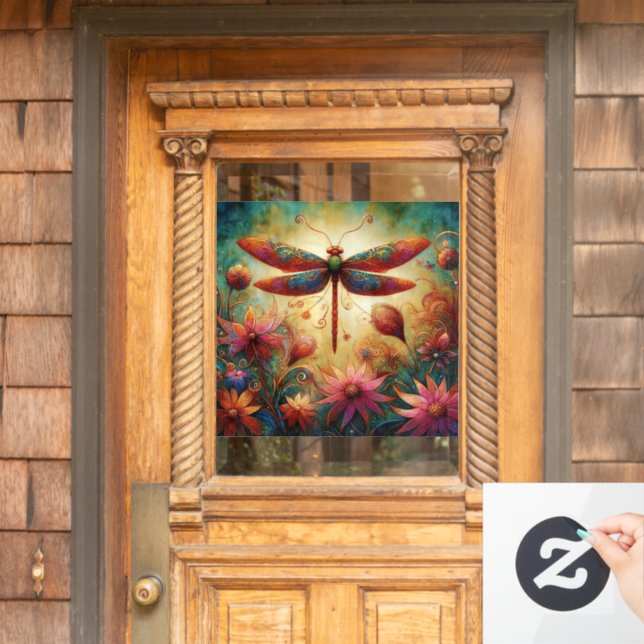 Whimsical Dragonfly Floral Abstract Art Teal Pink Window Cling (Home Door)