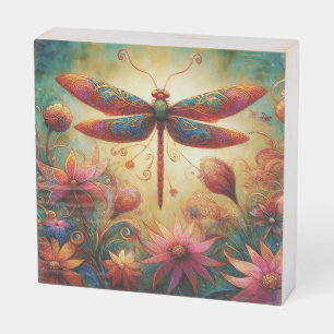 Whimsical Dragonfly Floral Abstract Art Teal Pink Wooden Box Sign