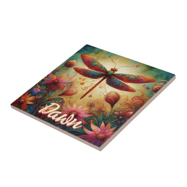 Whimsical Dragonfly Floral Abstract Personalized Ceramic Tile (Side)