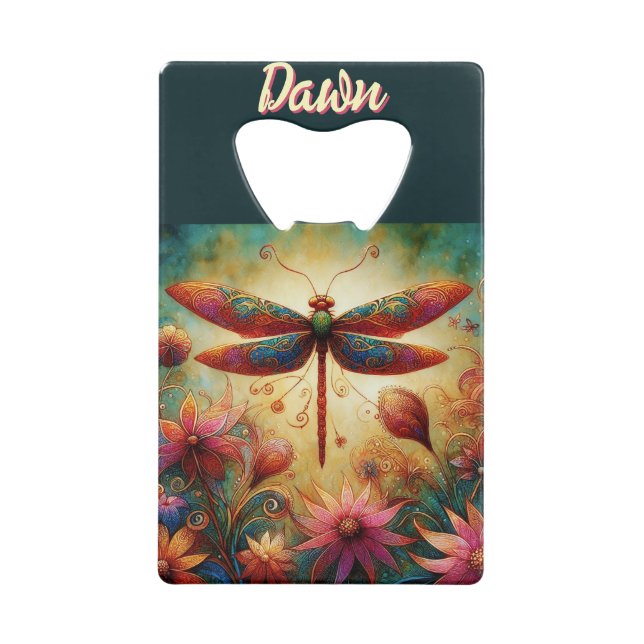 Whimsical Dragonfly Floral Abstract Personalized Credit Card Bottle Opener (Front)