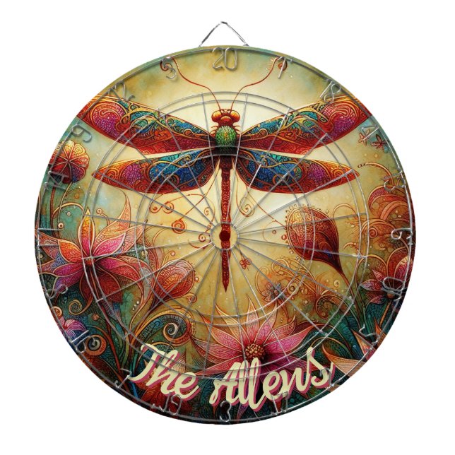 Whimsical Dragonfly Floral Abstract Personalized Dart Board (Front)