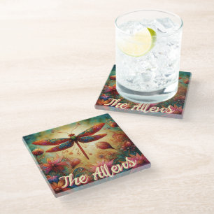 Whimsical Dragonfly Floral Abstract Personalized Glass Coaster