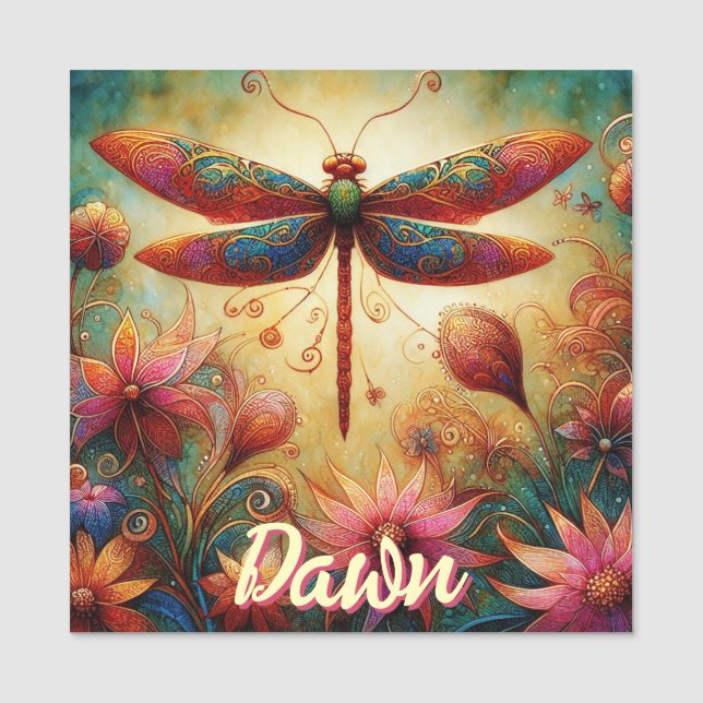 Whimsical Dragonfly Floral Abstract Personalized Name Tag (Front)