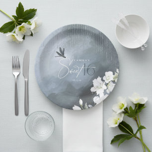 Whimsical Dragonfly Floral Sweet 16 Blue ID1310 Paper Plates