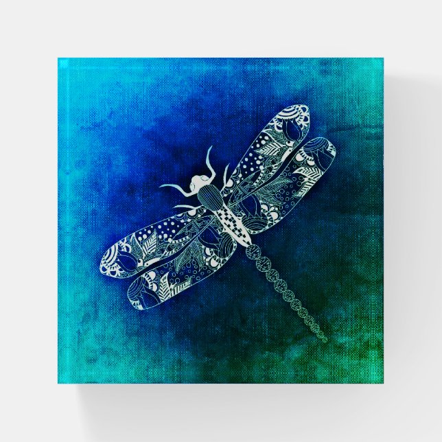 Whimsical Dragonfly Line Drawing Tattoo Art Paperweight (Front)