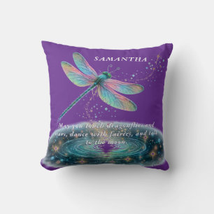 Whimsical Dragonfly Magic Purple Fairy Dust Quote Throw Pillow