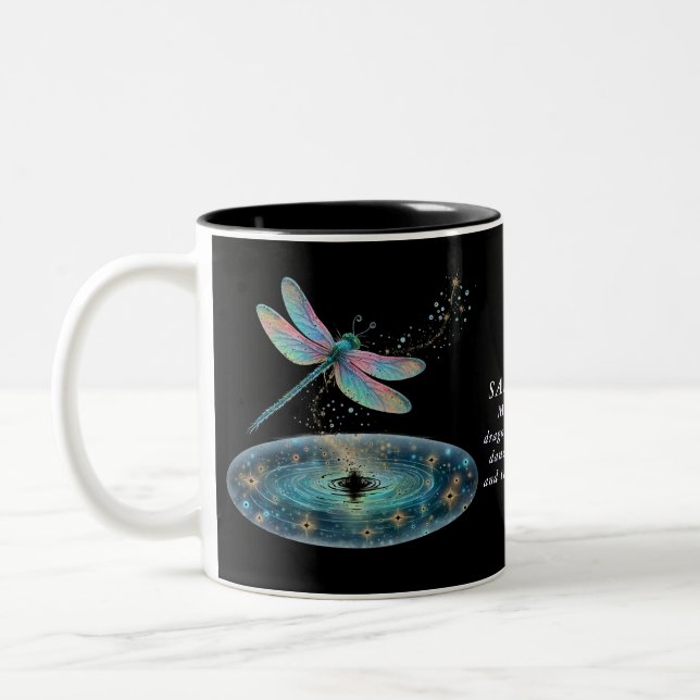 Whimsical Dragonfly Magic Purple Fairy Dust Quote Two-Tone Coffee Mug (Left)