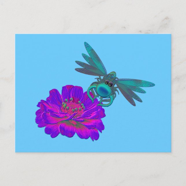 Whimsical Dragonfly On Flower Cute Postcard (Front)