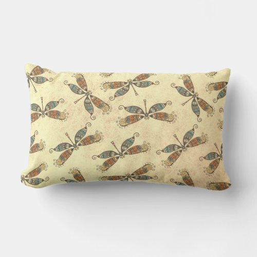 Whimsical Dragonfly Pattern On Sepia Lumbar Pillow