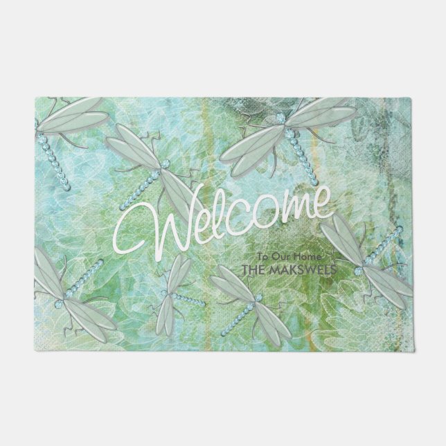 Whimsical Dragonfly Welcome Door Mat (Front)