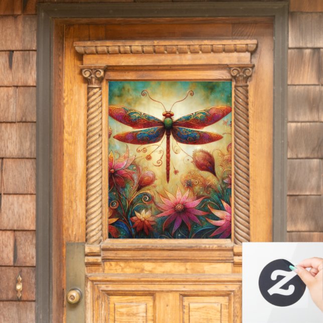 Whimsical Dragonfly with Teal & Pink Florals  Window Cling (Home Door)