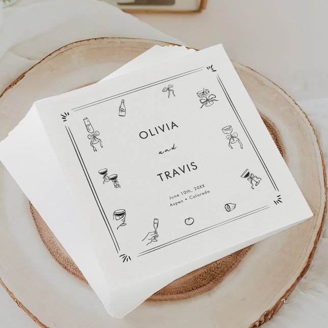 Whimsical Drawing Black White Old Money Wedding Napkins (Creator Uploaded)