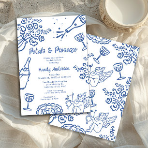 Whimsical Drawn Blue Petal Prosecco Bridal Shower Invitation