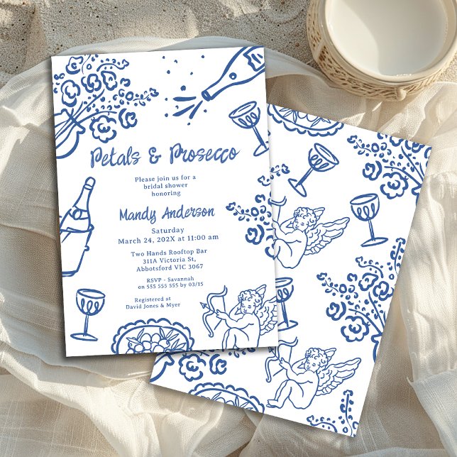 Whimsical Drawn Blue Petal Prosecco Bridal Shower Invitation (Blue Whimsical Drawn Bridal Shower Invitation, Petals Prosecco Bridal Shower Invitation, Floral)