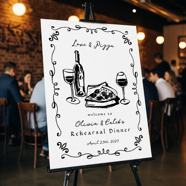 Whimsical Drawn Pizza Wine Rehearsal Dinner Sign (Creator Uploaded)