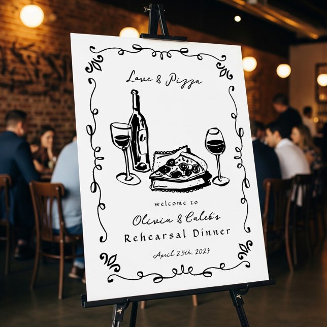 Whimsical Drawn Pizza Wine Rehearsal Dinner Sign (Creator Uploaded)