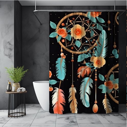 Whimsical dreamcatcher boho dark floral black teal shower curtain