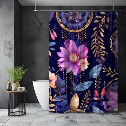 Whimsical dreamcatchers boho dark floral purple shower curtain