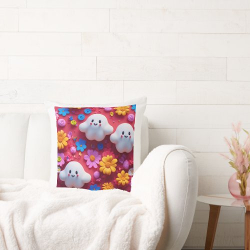 Whimsical Dreams Adorable Ghost and Floral Pillow