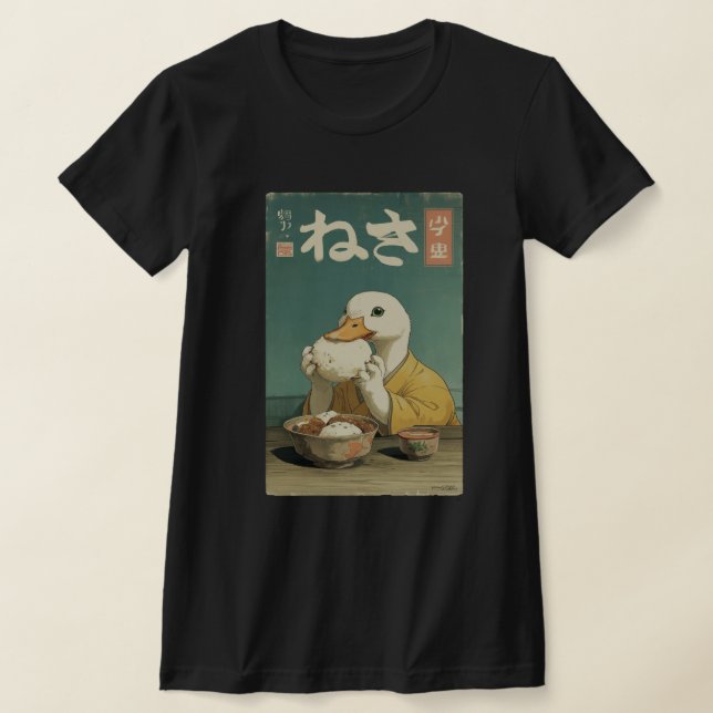 Whimsical Duck Eating Japanese Vintage  T-Shirt (Laydown)