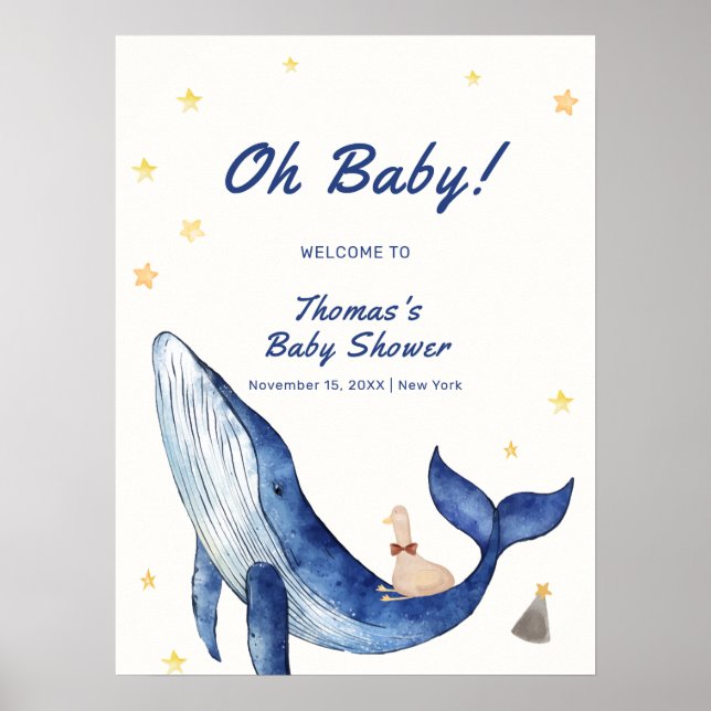 Whimsical Duck Stars Whale Baby Shower Welcome Poster (Front)