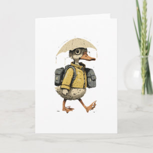 Whimsical Duck Walking in Rain Art Card