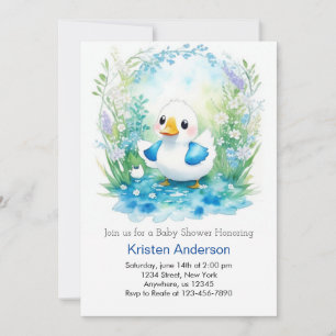 Whimsical Duckling Blue Floral Boy Baby Shower Invitation