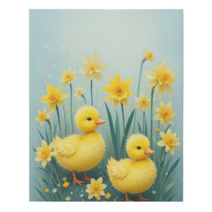 Whimsical Duckling Duo with Daffodils Faux Canvas Print