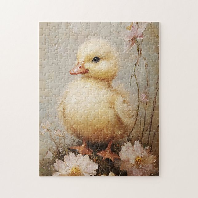 Whimsical Duckling with Flowers Spring Art Jigsaw Puzzle (Vertical)