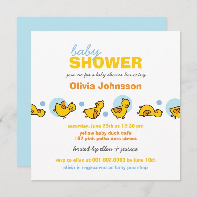 Whimsical Ducks Blue Dots Boy Baby Shower Invite (Front/Back)