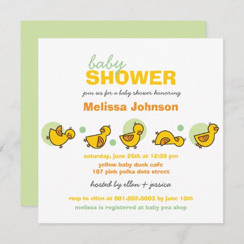 Whimsical Ducks Green Dots Baby Shower Invite