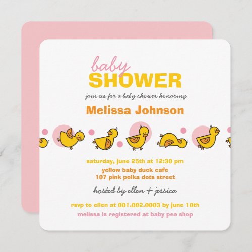 Whimsical Ducks Pink Dots Baby Girl Shower Invite