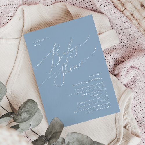 Whimsical Dusty Blue Baby Shower Invitation