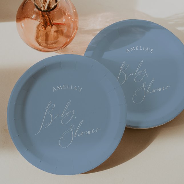 Whimsical Dusty Blue Baby Shower Paper Plates (Creator Uploaded)