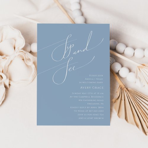 Whimsical Dusty Blue Baby Sip and See Invitation