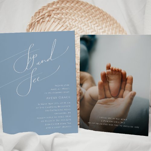 Whimsical Dusty Blue  Baby Sip and See Photo Invitation