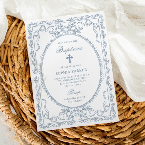 Whimsical Dusty Blue Coquette Frame | Baptism Invitation