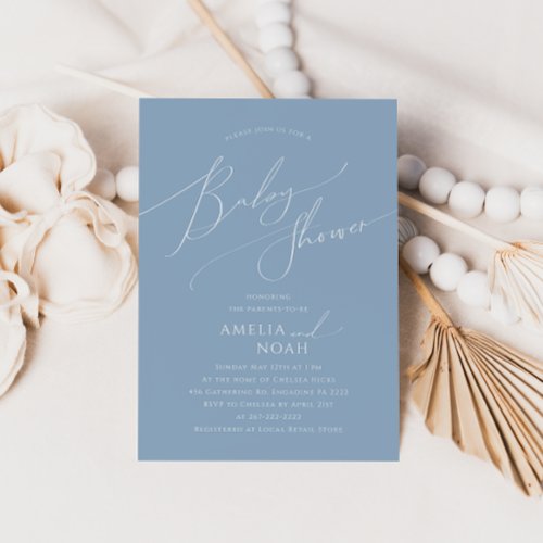 Whimsical Dusty Blue Couples Baby Shower Invitation