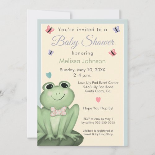 Whimsical Dusty Blue Cream Frog Baby Shower Invitation