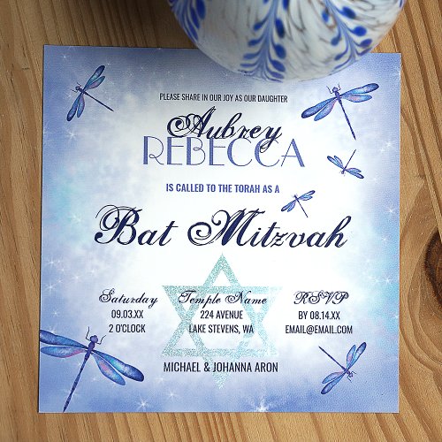 Whimsical Dusty Blue Dragonflies Bat Mitzvah Invitation